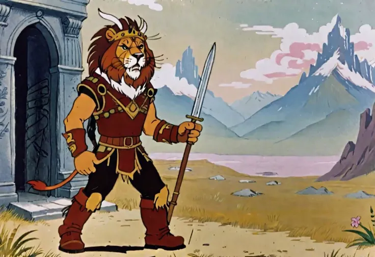 a close up of a cartoon lion with a sword in a field