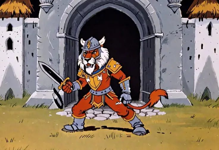 A warrior wearing lion head metal helmet, fur infused iron gauntlets, fur infused chainmail armor, and fur insulated metal boots, fur pants with a big crouch guard