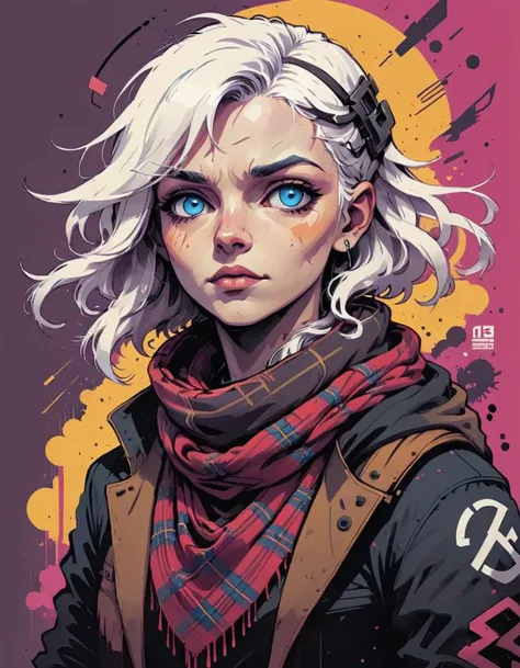 highly detailed portrait of halo, blue eyes, tartan scarf, white hair by atey ghailan, by greg rutkowski, by greg tocchini, by james gilleard, by joe fenton, by kaethe butcher, gradient yellow, black, brown and magenta color scheme, grunge aesthetic!!! gra...