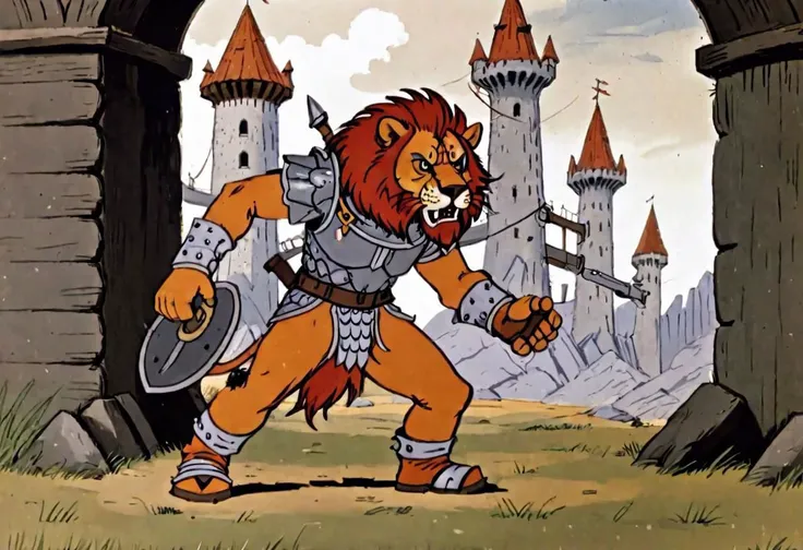 cartoon of a lion with a sword and armor in front of a castle