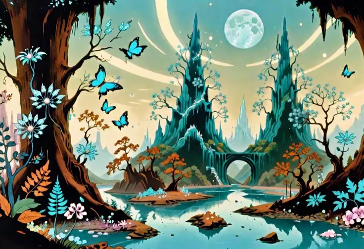 wild planet fantasy landscape, fractal leaves, turquoise trees, sparkling (translucent crystal flowers), river, green sky, rusty mechanical butterflies, small moons, mountain with many caves,detailed, day