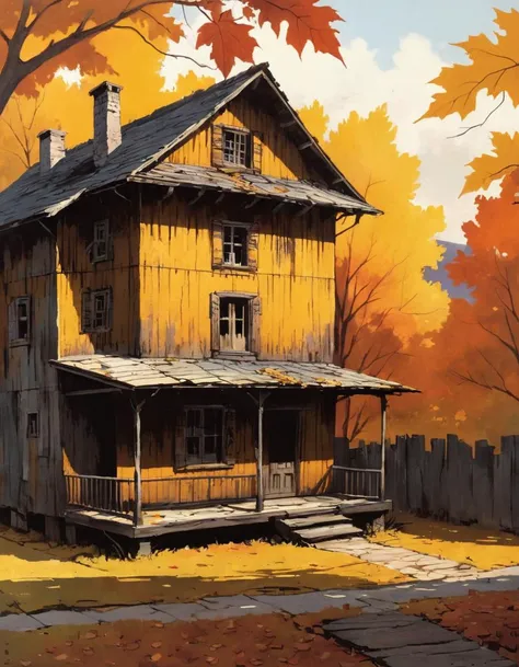 painting of a house in the fall with a fence and trees