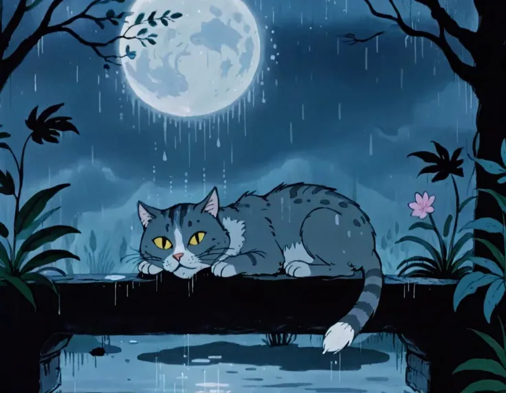 art capturing an enchanting scene of a beautiful cat, drenched in raindrops, poised under a soft moon-lit night, Hues of blues and greys create a dreamlike ambiance <lora:add-detail-xl:1.0>