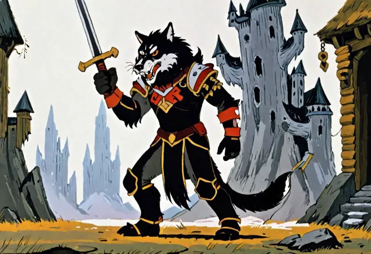 A warrior wearing wolf head metal helmet, black fur infused iron gauntlets, fur infused chainmail armor, and fur insulated metal boots, fur pants with a big crouch guard, tail guard, holding a sword with a long handle with both hands