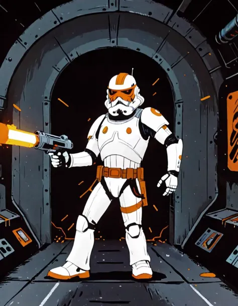 Stormtrooper with a (thick mustache:1.3), white armor, holding an (orange blaster:1.2), (space station corridor background:1.2), dark tones with red accents, gritty texture, contrast lighting, (comic book ink style:1.2), (sci-fi theme:1.3), dramatic shadow...