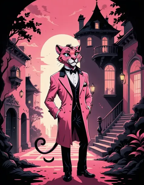 a cartoon cat in a pink coat standing in front of a house