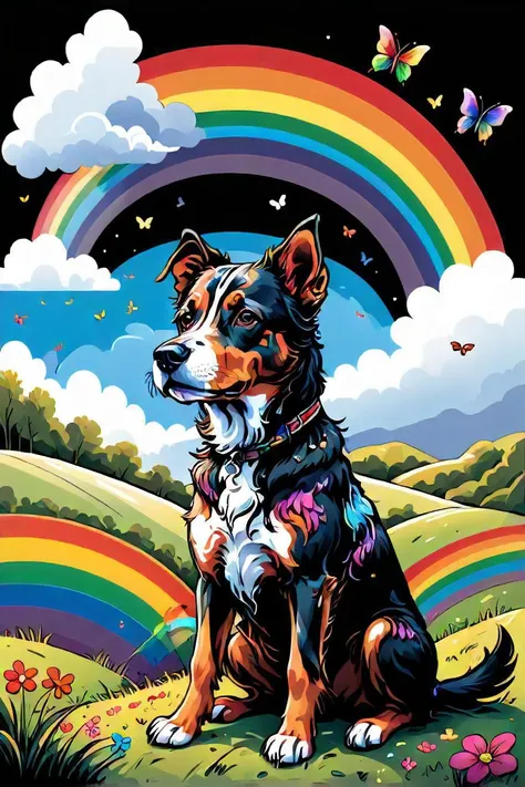 a dog sitting in a field with a rainbow in the background