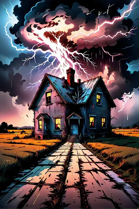 a house with lightning coming out of the roof and a road leading to it