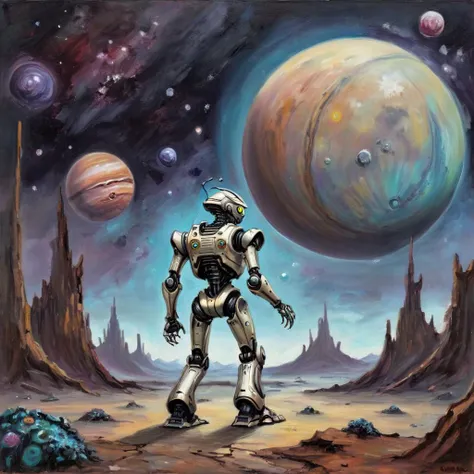 painting of a robot standing in a desert with planets in the background