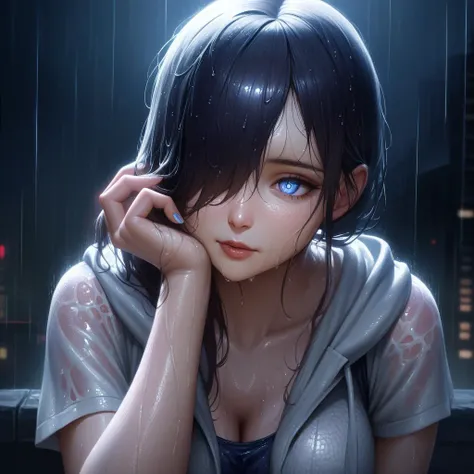 Extreme realistic depiction of a Wet Beauty Under Night Rain, in upper body shot, curvaceous glamorous body, hair hair over one eye, extremely wet, realistic wet skin texture, realistic wet clothing heavy rain, realistic fabric texture, casual shirt and a ...