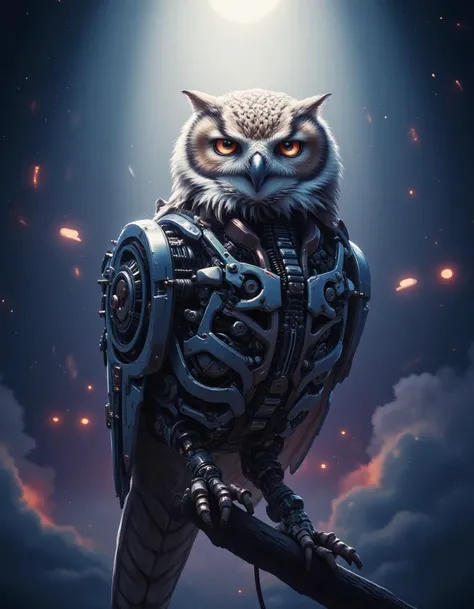 A mechanized owl perched atop a branch, its body adorned with an assortment of gears and metallic components, exudes an air of cinematic grandeur under intense spotlight. The owls mechanical limbs are visible beneath its sleek feathers, as if showcasing th...