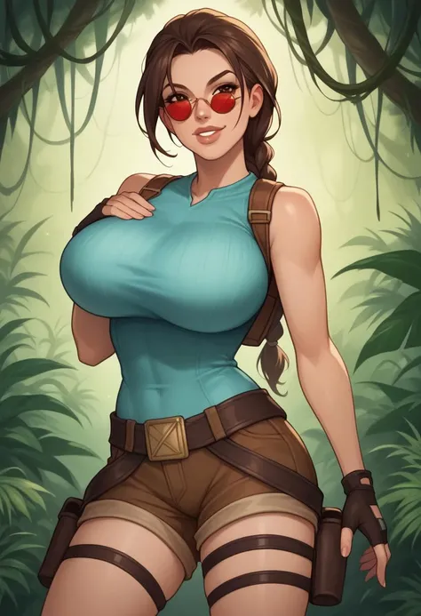 score_9, score_8_up, score_7_up,  source_anime,  BREAK solo, 1 girl,   <lora:ClassicLaraCroft:0.9>,  TRLCLAS, brown hair, brown eyes, single braid, lips, teal tanktop, huge breasts, hands on sides of breasts, pressing breasts together, sleeveless, shoulder...