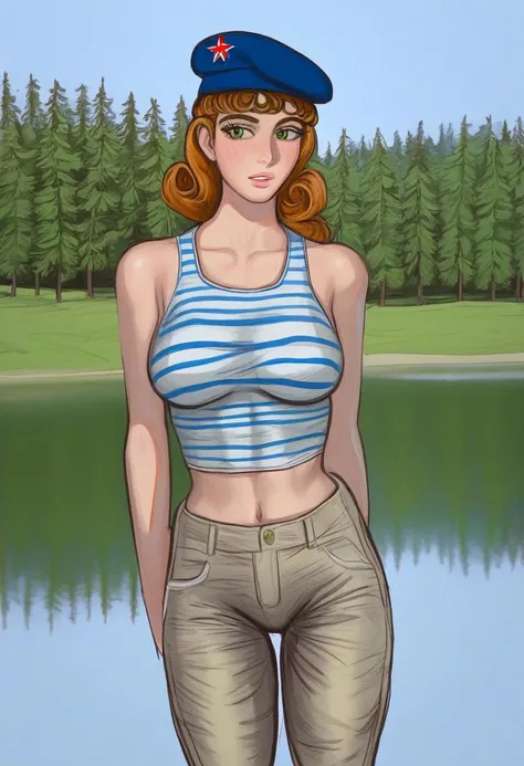 russian girl, light pink lips, small brown-green eyes, black+ bikini, standing at lake, in pine forrest, khaki pants, blue and white striped tank top, light blue beret, vdv, soviet star on beret, solo female,
telnyashka, Siberia, 18yo,, (((Russian)))  f