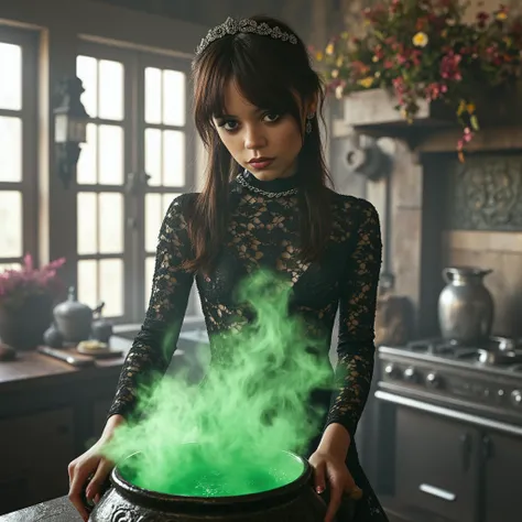 real raw photo of Jenna Ortega as Wednesday Addams wearing a black lace dress while stirring a cauldron of green steaming potion in the kitchen, unreal engine, photorealistic, 8K, masterpiece, art-works