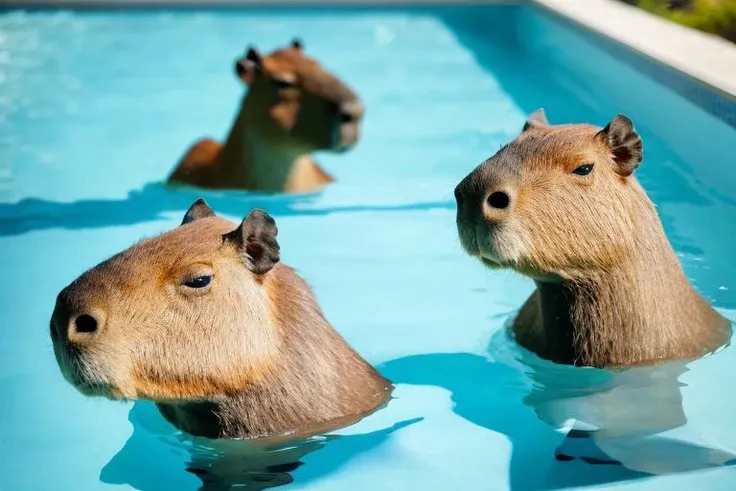 swimming pool, 4 capybaras, <lora:capybara-09:1>, masterpiece,best quality,ultra-detailed,8k,highres,absurdres,Amazing,finely detail,best shadow,