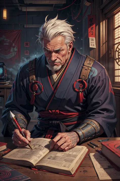 a man in a kimono outfit writing on a book