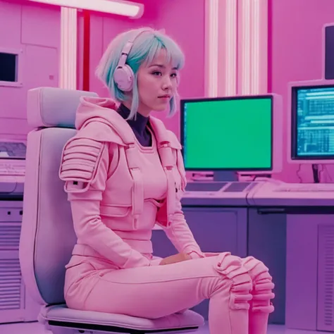 realistic, k4r1n woman sitting, kawaii, cute, extreme medium shot, happy, from side, background of gradient fluorescent computer room, pastel tones (by wes anderson:1) <lora:k4r1n-000005:0.6>