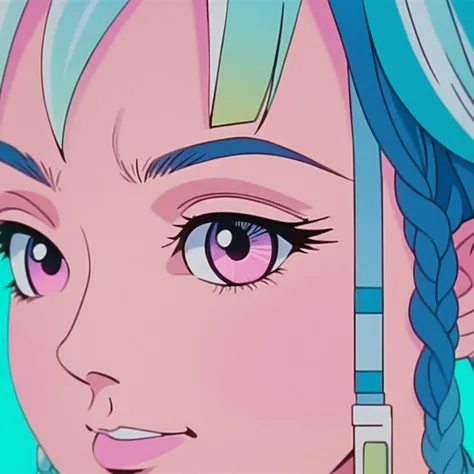 realistic, k4r1n woman standing, kawaii, cute, extreme close-up eye focus, happy, from side, background of gradient fluorescent computer room, pastel tones (by wes anderson:1) <lora:k4r1n-000005:0.6>