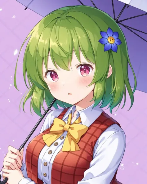 anime girl with green hair and a bow tie holding an umbrella