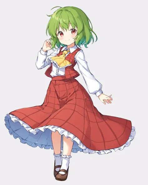 anime girl in a red dress with a white shirt and green hair