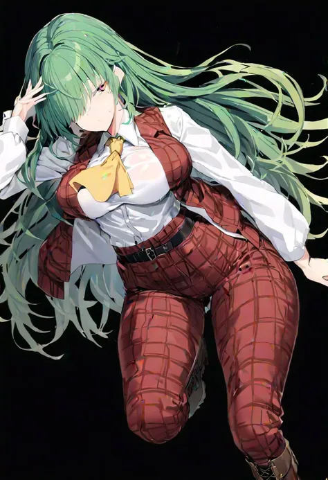 anime girl with green hair and white shirt and red pants