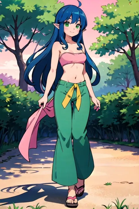 fairy,full body, blue hair, 1girl,solo,green eyes,small breasts,curly hair,pointy ears,long hair,light green strapless shirt,pink sarong,light green harem pants,pink sandals,grass, tree, pink sky,closed mouth, smile,(best quality, masterpiece) <lora:fairy_...