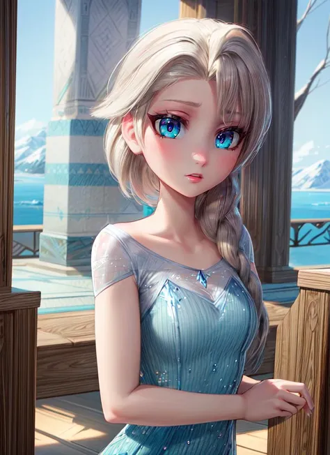 ((best quality)), ((highly detailed)), masterpiece, absurdres, (detailed eyes, deep eyes), <lora:more_details:.5>, 1girl, upper body, <lora:hairdetailer:1>, <lora:elsa_of_arendelle_v1:1>, elsa of arendelle, blue ice dress, single braid, (at an altar, midda...