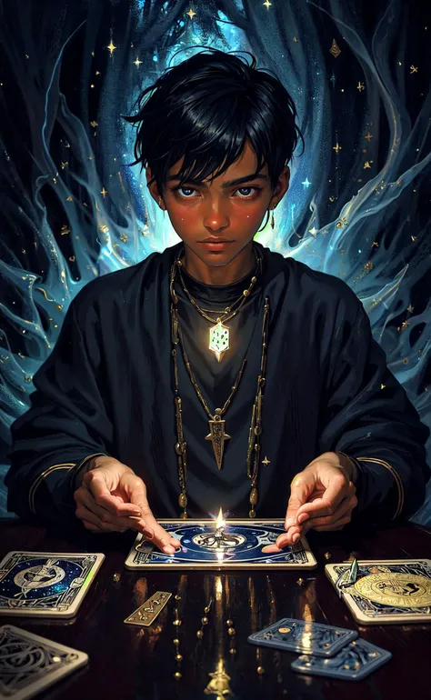 impressionism painting, realistic, 1boy, fortune teller, tarot cards at a table, looking at viewer, dark skin, mystical, magical, glow, glowing, dark magical lighting, moody, cinematic, sparkle, glittering, darkness