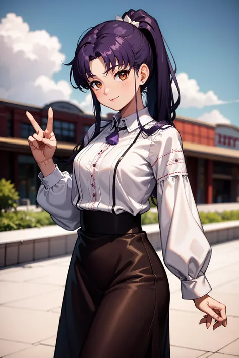 masterpiece, best quality, 1girl, solo, looking at viewer, <lora:EPngeKatsuragiMisato-08:0.75>, EPngeKatsuragiMisato, purple hair, brown eyes, long hair, ponytail, smile, mature female, medium breasts, detailed background, cowboy shot, outdoors, sky, white...