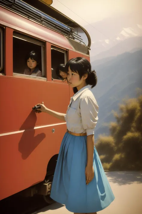 1girl, studio Spray paint style, award winning, landscape of a ([Darjeeling Himalayan Railway|Beijing]:1.3) from inside of a Bus station, it is very Meandering and Abominable, crowded field and Planet Mercury in background, Sunny, Sketched, Confused, Anime...