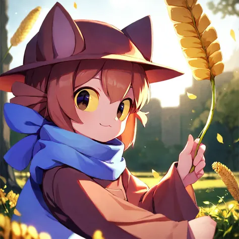 <lora:niko-000008:1>,1girl,solo,niko \(oneshot\),slit pupils,yellow sclera,cat hat,blue scarf,brown dress,long sleeves,black leg...