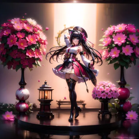 dynamic angle,<lora:Guakamo_figurine:0.8>,(masterpiece:1.5),HDR,vivid colors,1girl,asymmetrical legwear,bell,black footwear,black hair,boots,bow,full body,hat,japanese clothes,kimono,long hair,long sleeves,fox mask,solo,standing,thighhighs,very long hair,w...