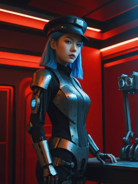 Realistic,Masterpiece,18 - year - old, solo, looking_at_viewer, simple_background, black_hair, upper_body, red_background, science_fiction, android, cable, straight-on, cyborg, robot_joints, cyberpunk, mechanical_parts, a woman with blue hair and a hat wit...