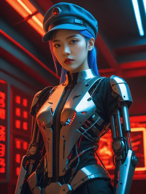 Realistic,Masterpiece,18 - year - old, solo, looking_at_viewer, simple_background, black_hair, upper_body, red_background, science_fiction, android, cable, straight-on, cyborg, robot_joints, cyberpunk, mechanical_parts, a woman with blue hair and a hat wit...