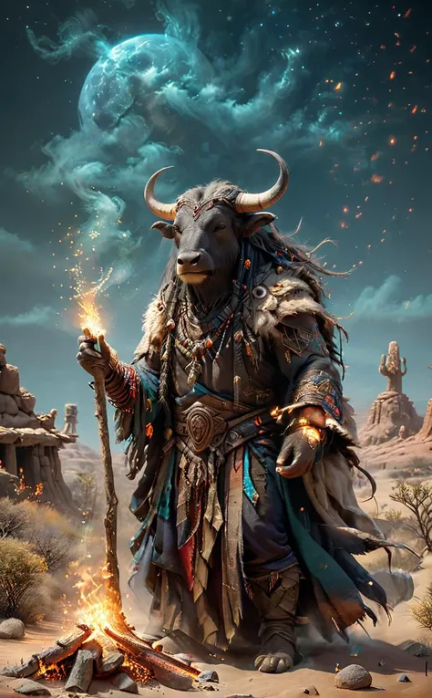 A old aged water buffalo from the western United States wearing a shamans outfit and a hooded cloak that follows the spirits of nature, such as wind and fire, with a shaman stick and travel baggage in one hand, smoking a cigar in front of a bonfire and pra...