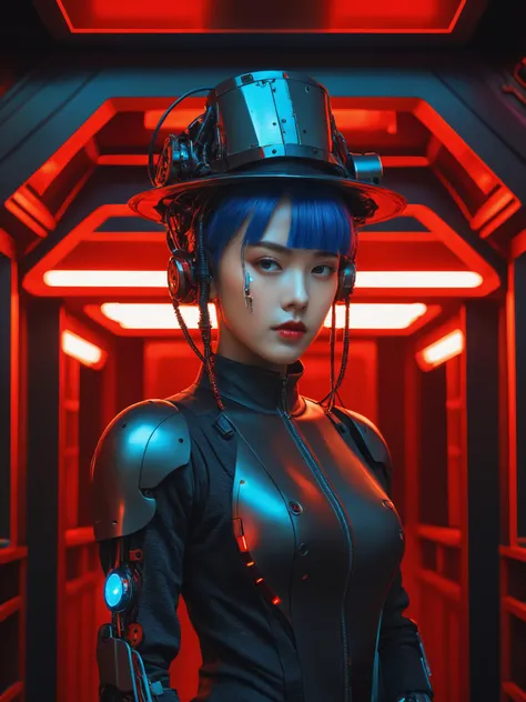 Realistic,Masterpiece,18 - year - old, solo, looking_at_viewer, simple_background, black_hair, upper_body, red_background, science_fiction, android, cable, straight-on, cyborg, robot_joints, cyberpunk, mechanical_parts, a woman with blue hair and a hat wit...