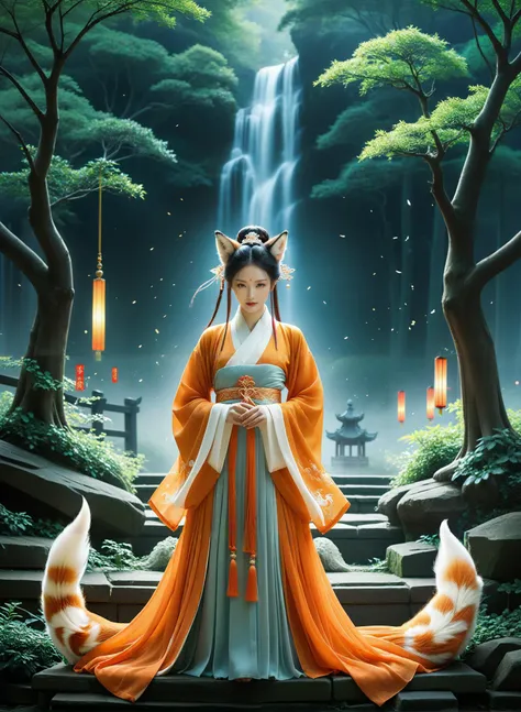 Best quality,chinese girls,hanfu,
Break, Featuring the majestic fox spirit with nine tails. This scene is set in an ancient world, where gods and mythical creatures roam the earth. 
Break, The fox spirit is depicted in a moment of divine intervention, stan...