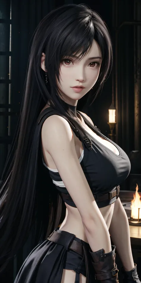 a woman with long black hair and a black top posing