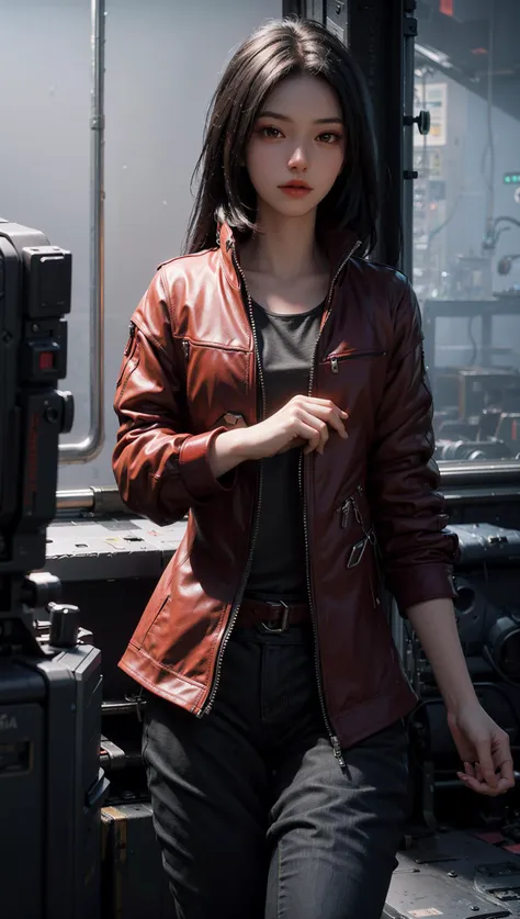 araffe woman in a leather jacket standing in front of a camera