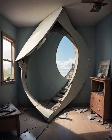 a close up of a room with a broken window and a broken door