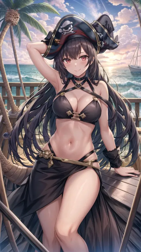 torino aqua, best quality, masterpiece, 1girl, solo, dramatic lighting, very detailed background, seductive smile, detailed, ocean, boat, pirate, pirate hat, red, <lora:torinoAquaStyleLora_v1:0.6>