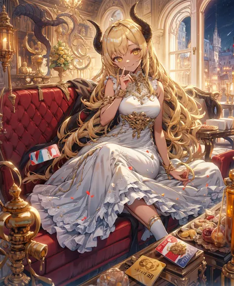 1girl, demon horns, white long dress, white frills, lace, indoors, window, 
stand, dark skin, long hair, blonde hair, yellow eyes, holding a credit card, smile, sitting, gold, gold edge red couch, hand on chin, 
town, night, <lora:torino_aqua_offset:1>, to...