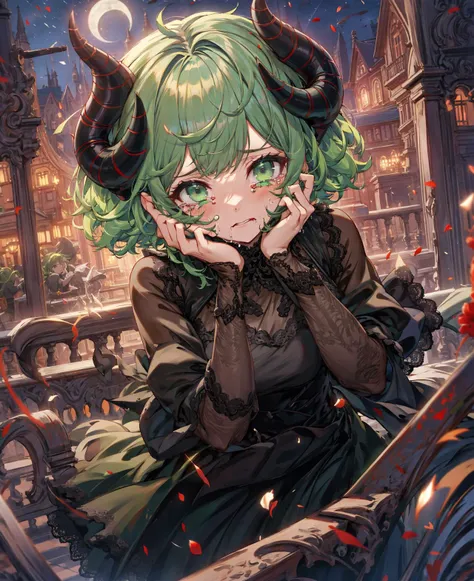 1girl, demon horns, black long dress, black frills, lace
stand, short hair, (green hair:1.1), green eyes, crying, hand on her head,
town, night, <lora:torino_aqua_offset:1>, torino aqua