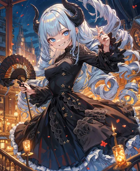 1girl, demon horns, black long dress, black frills, lace,
(drill hair:1.3), light blue hair, blue eyes, holding a fan, flared skirt, evil grin,
town, night, <lora:torino_aqua_offset:1>, torino aqua