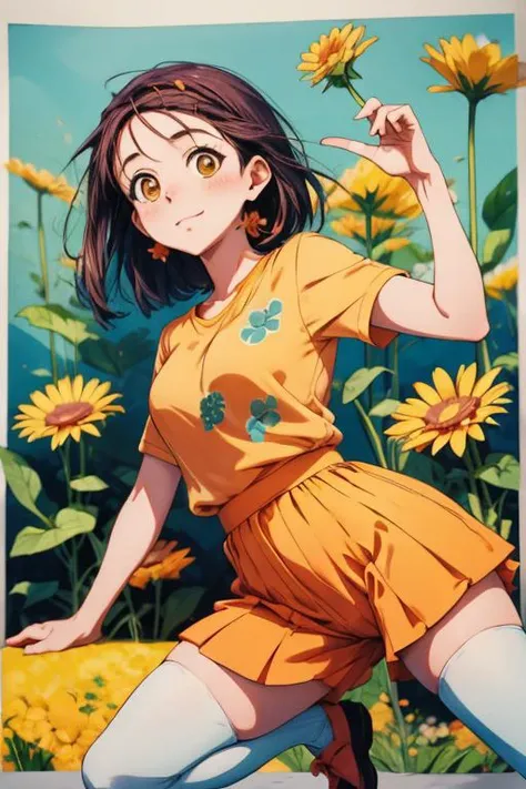 Haruna, Orange thick outfit, White tights, with flowers, Contrapposto pose, open legs, doodle art  <lora:beauty_eyes:0.7> <lora:add_detail:0.6> <lora:TUYA5:0.9>  <lora:FilmVelvia2:0.5>  <lora:harunasairenjitest:0.7>