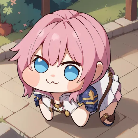 anime girl with pink hair and blue eyes laying on the ground