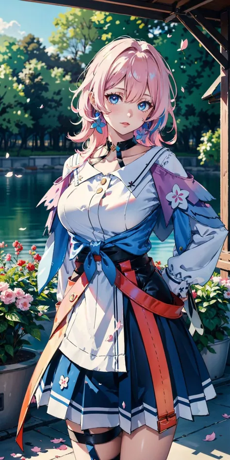 <lora:March_7th:0.75>, 1girl, March_7th(Honkai_StarRail), pink hair, medium hair, blue jacket, white shirt, huge breasts, thighs, (white thigh strap), skirt, upper body, standing, (cowboy shot),(masterpiece, high quality, best quality), (colorful),(delicat...