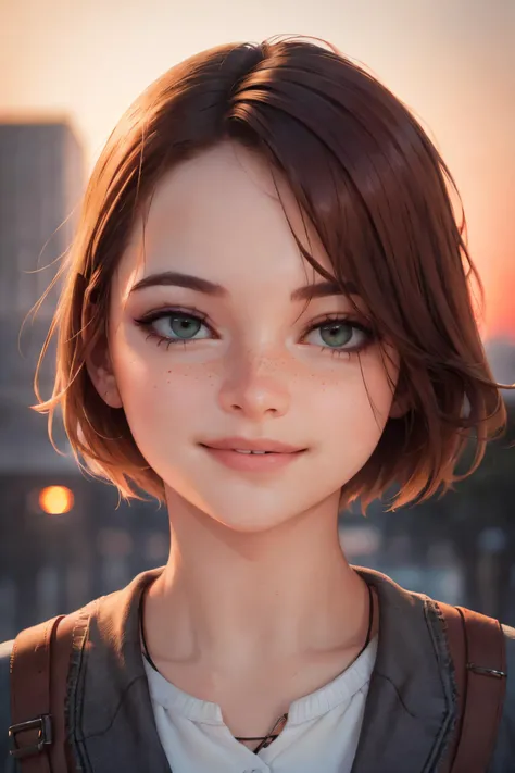 smile, 1girl eyes focus center photorealistic portrait of a ginger woman, <lora:Madelyn Cline:0.7> short cut hair (freckles:0.7), extremally detailed, intricate, city, sunset, (masterpiece:1.2), (high resolution:1.2), (best quality:1.1), (HDR), (cinematic ...