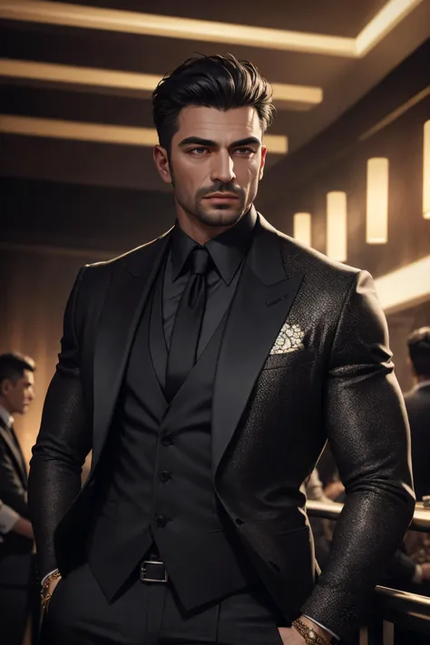 realistic (muscular man:1.1) mob boss, wearing intricate black elegant suite, portrait, short hair, jewelry, in a nightclub, spo...