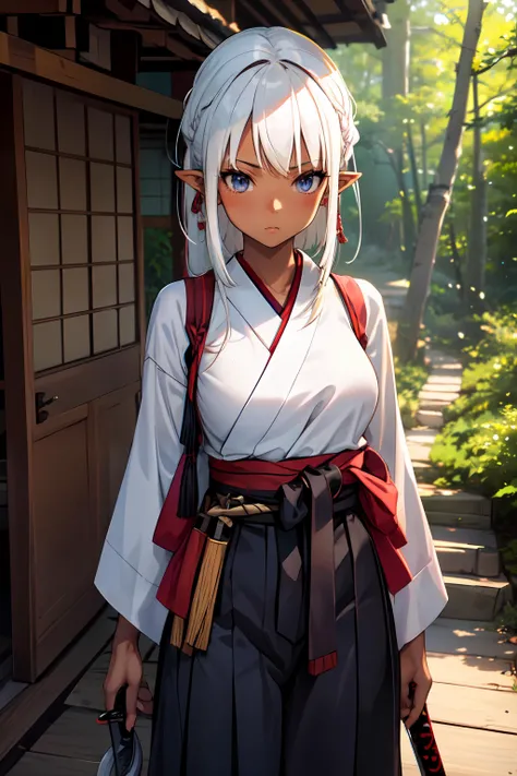 1girl,dark skin,pointy ears,japanese clothing,katana,forest,white hair,broken wagon,